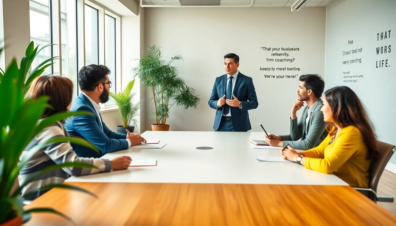 Clients engaging in a business coaching service session with a professional coach, fostering teamwork and success.