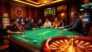 Cảnh casino BetVIP trình diễn poker, roulette và không khí cược sôi động.