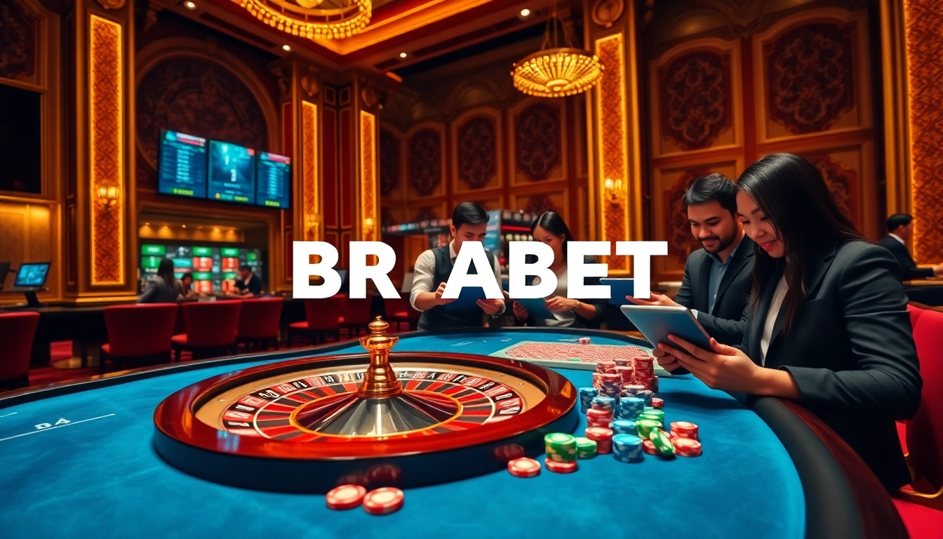 Players engaging in online betting with BRABET at a vibrant casino table.