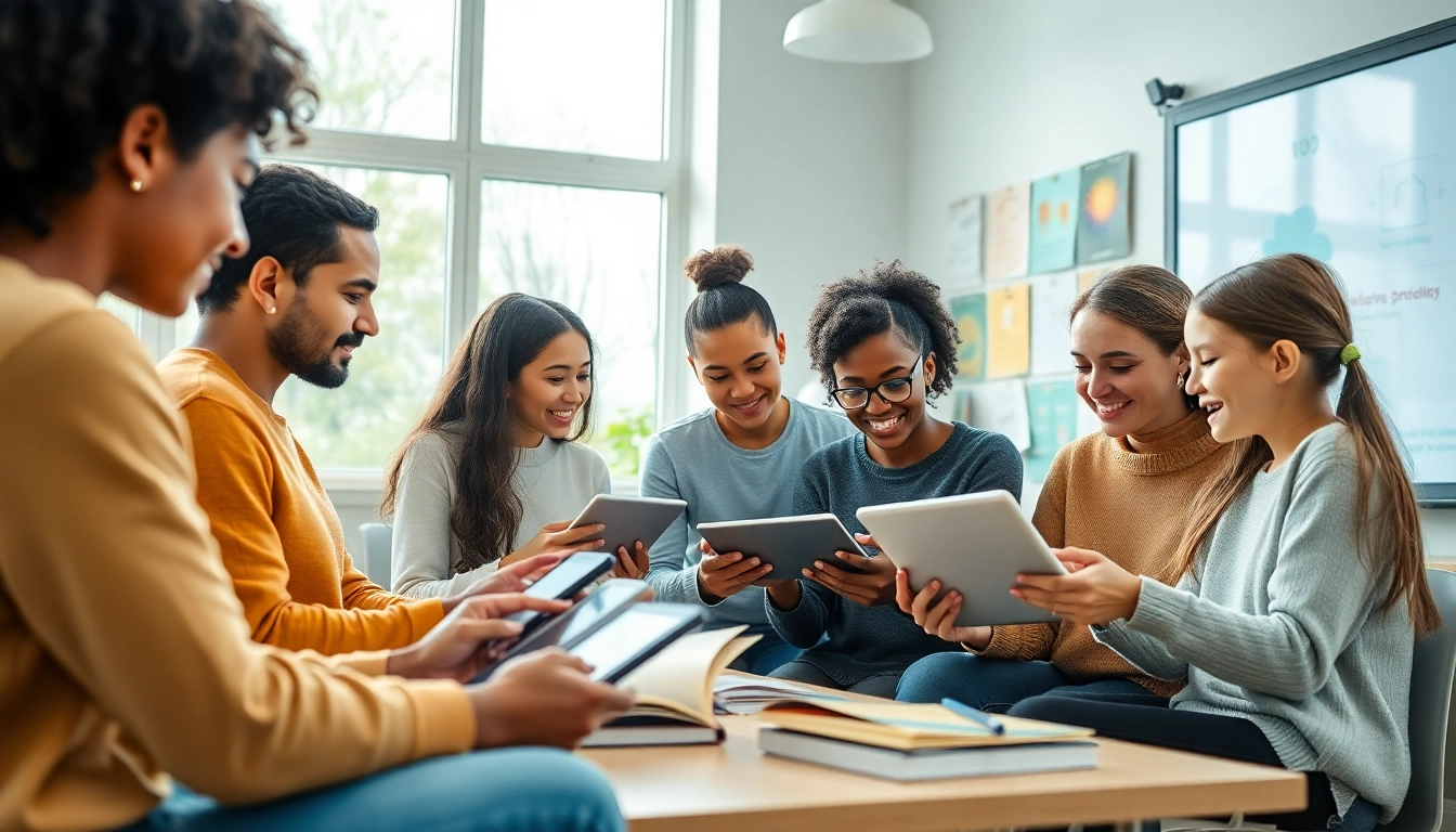 Education collaboration among diverse students in a modern classroom setting.
