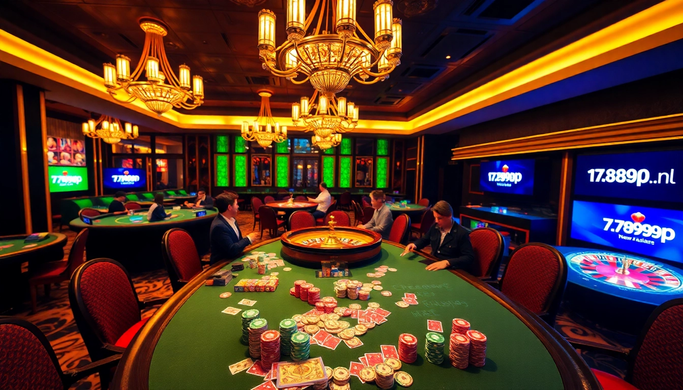 Engaging gamblers in action at https://789pp.nl/ with a vibrant poker table and roulette wheel.