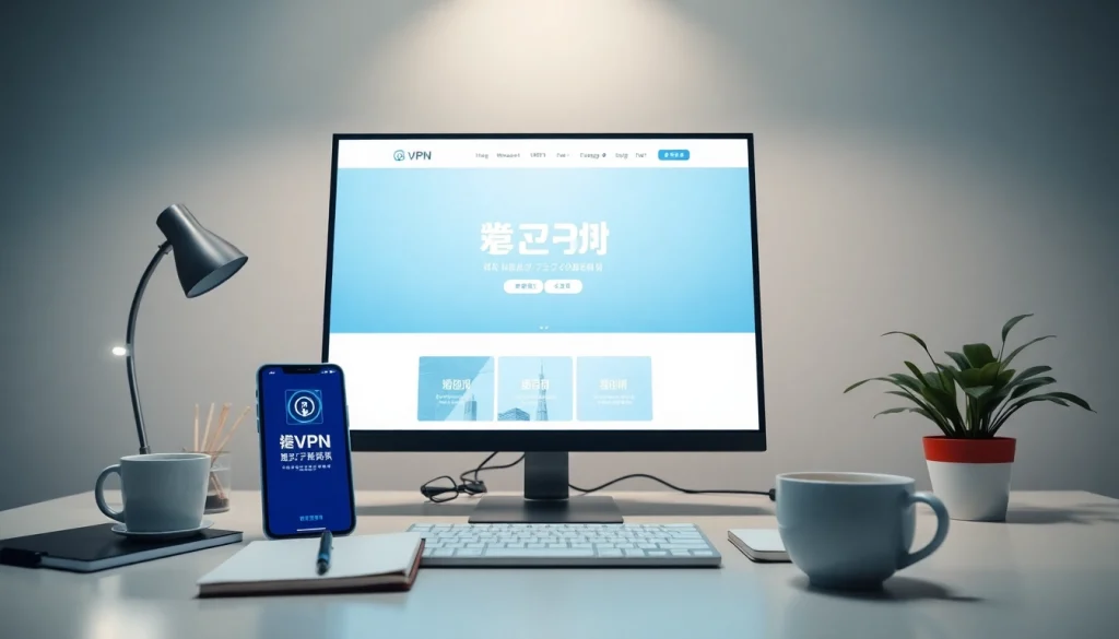 快连官网在现代计算机的数字工作区显示，展示VPN解决方案。