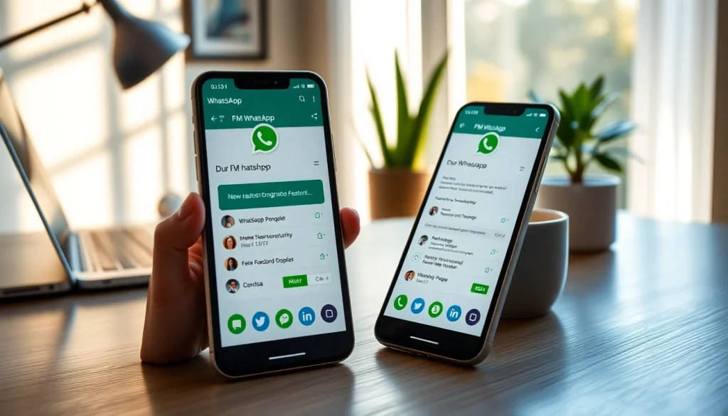 FM WhatsApp interface displayed on a smartphone in a stylish workspace, emphasizing user-friendly features.