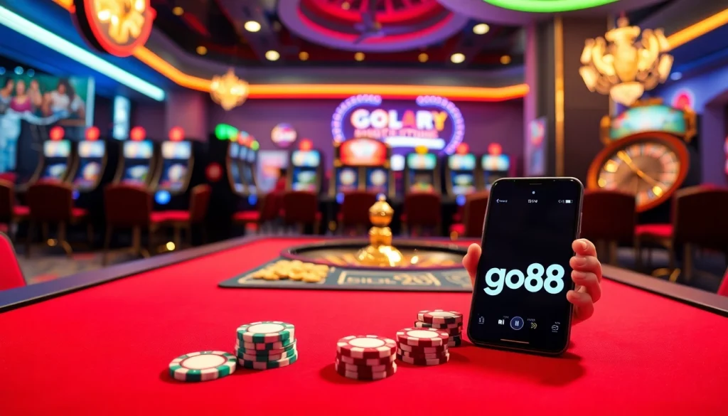 A dynamic casino scene featuring go88, showcasing stylish poker chips, colorful slot machines, and a roulette wheel under dramatic lighting.