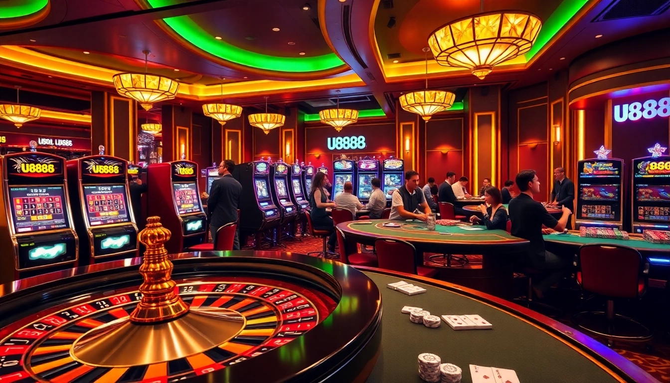 U888 players engaging with high stakes at an upscale casino table surrounded by vibrant slot machines.