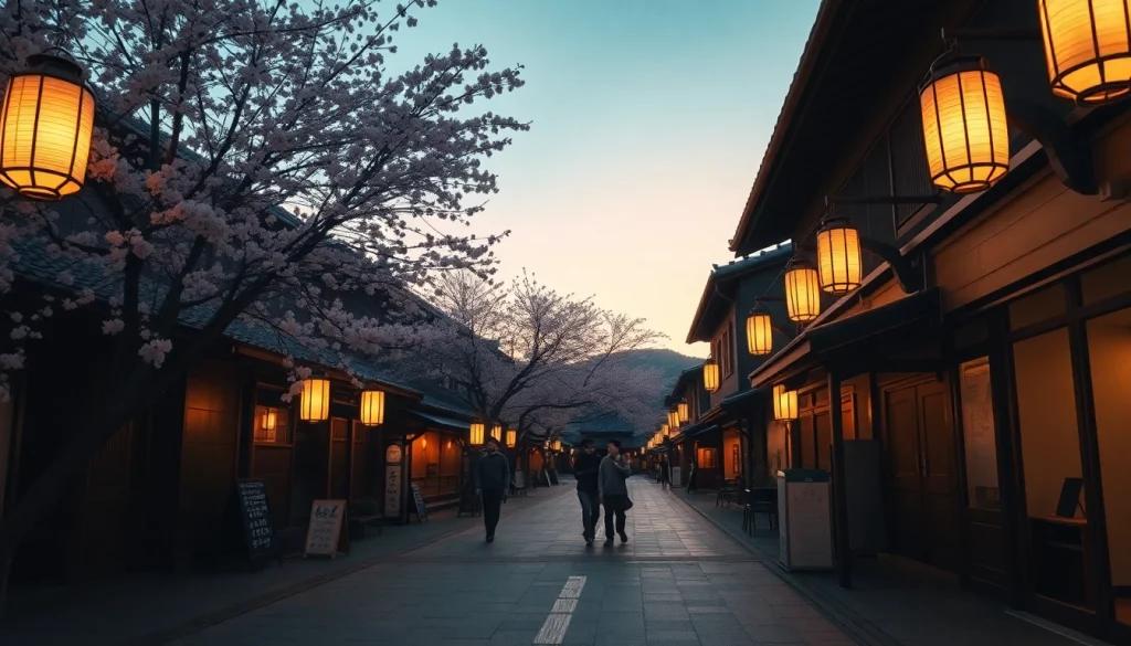 黄昏時の 京都 ソープ通りが織りなす、伝統的な建築と桜の静かな美を体感してください。