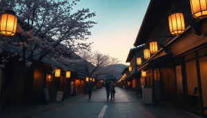 黄昏時の 京都 ソープ通りが織りなす、伝統的な建築と桜の静かな美を体感してください。