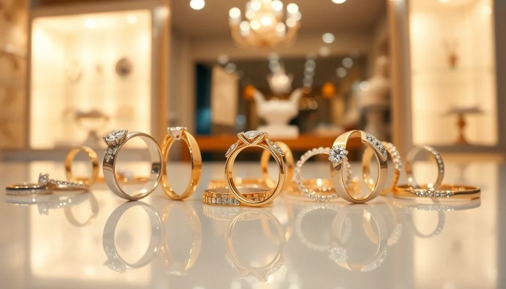 高級宝飾店で展示された洗練された結婚指輪のショーケース。精巧なデザインと輝くダイヤモンドを強調。