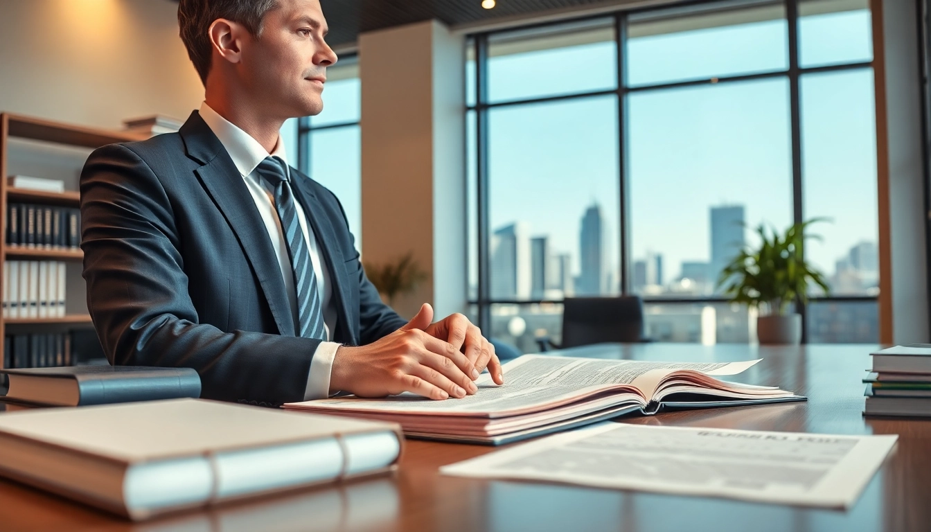 Real estate lawyer consulting with a client in a modern office, showcasing professionalism and expertise.