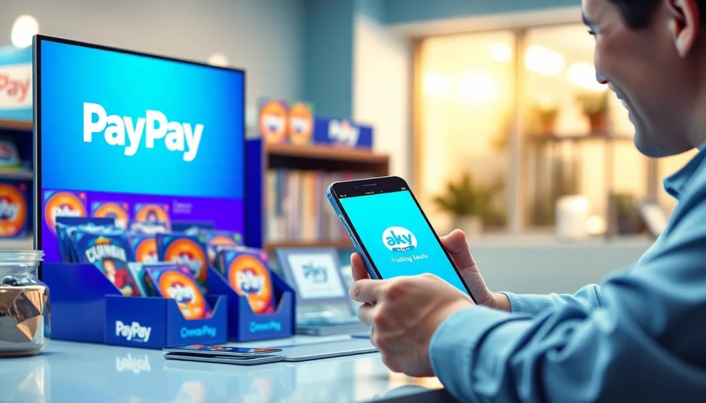 トレーディングカードとPayPayアプリの統合を特徴とする、オンラインオリパの興奮を伝えるショッピングシーン。