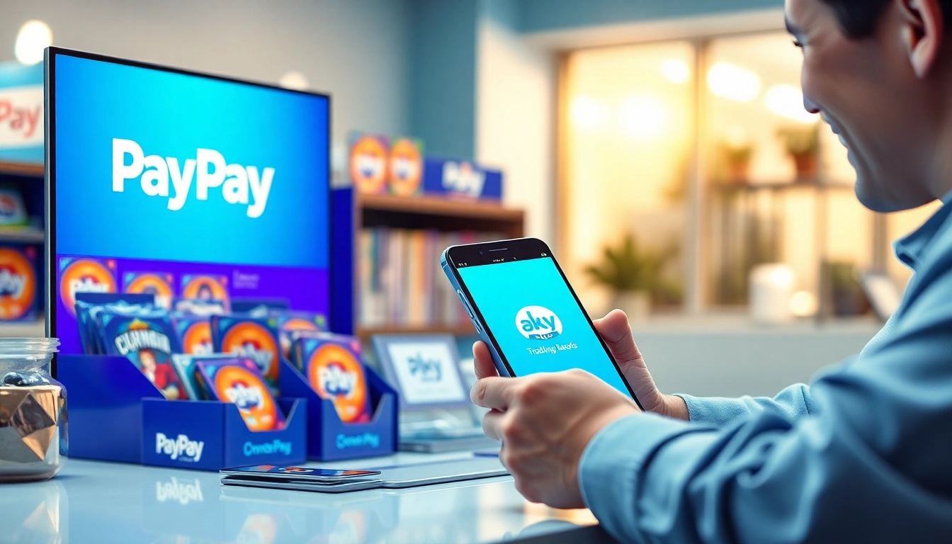 トレーディングカードとPayPayアプリの統合を特徴とする、オンラインオリパの興奮を伝えるショッピングシーン。
