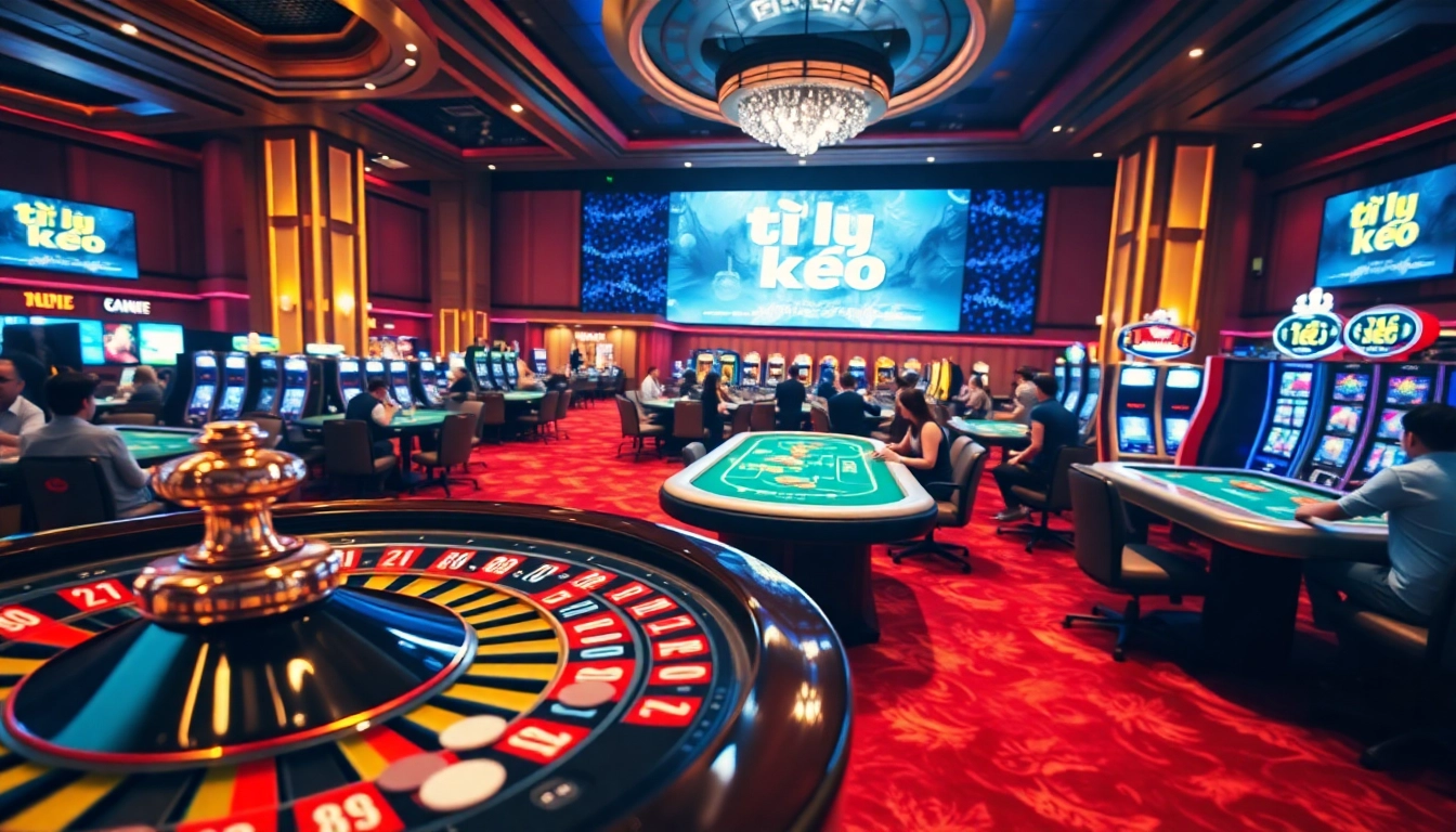 A bustling casino scene featuring tỷ lệ kèo displayed on digital screens, highlighting the excitement of gambling.