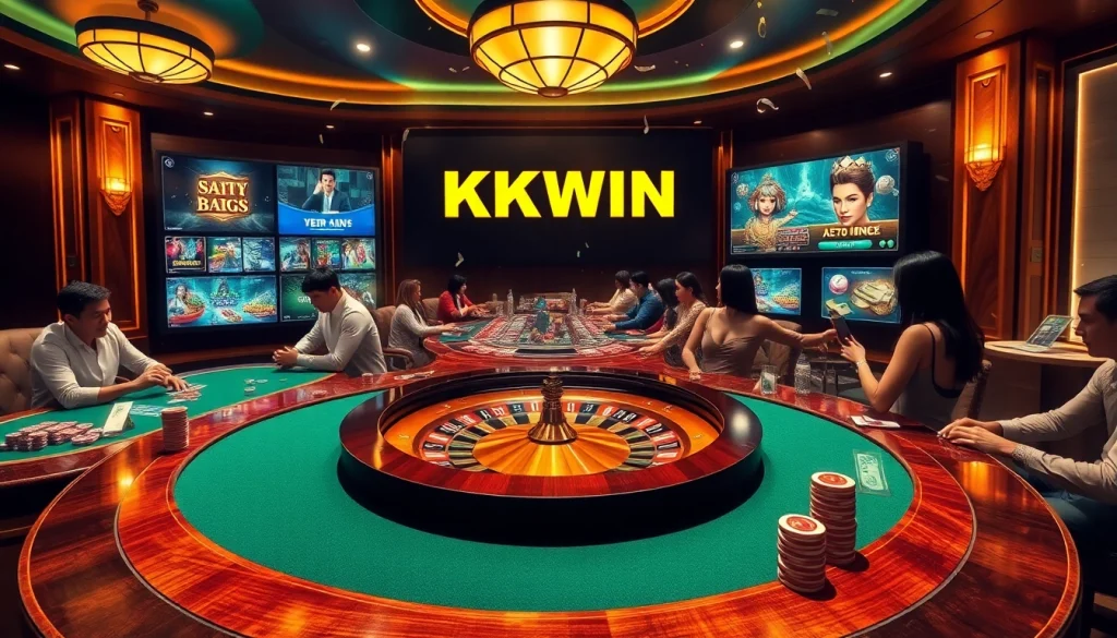 Engaged players at a luxurious KKWIN online casino table experience thrilling gameplay.