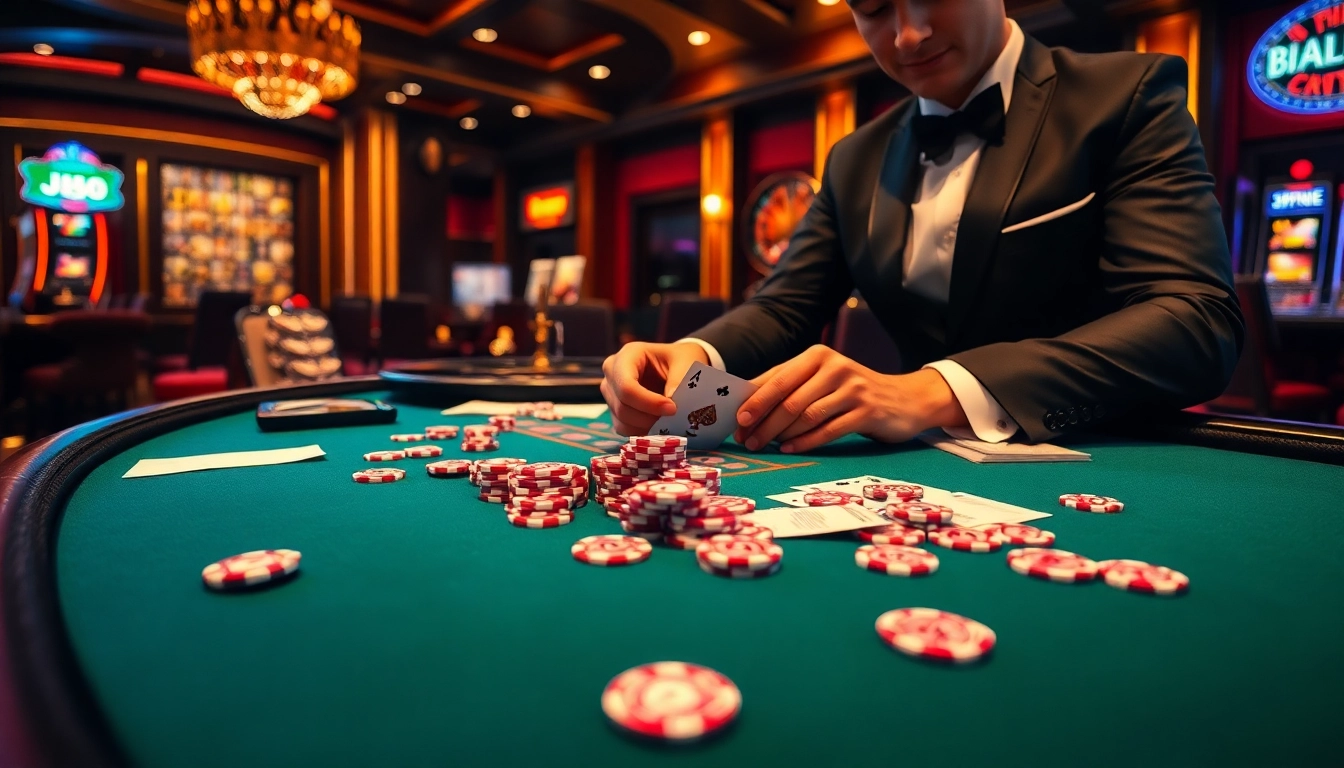 Experience the excitement of J88 at a luxurious casino poker table with vibrant chips and cards.
