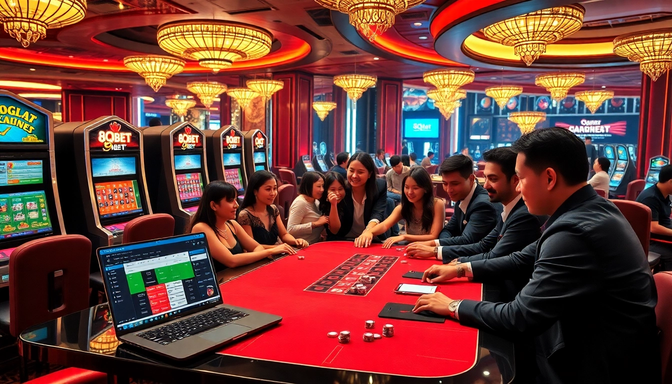 Players winning big at 8qbet in a vibrant casino scene with slot machines and poker tables.