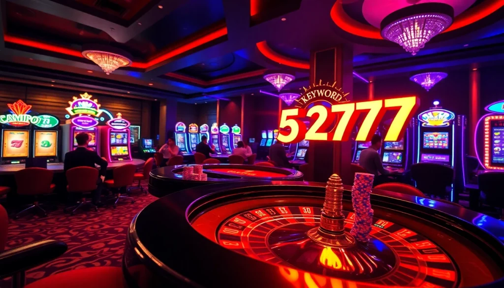 A thrilling casino scene showcasing players engaging with 5z777-themed roulette and slot machines, capturing excitement and luxury.