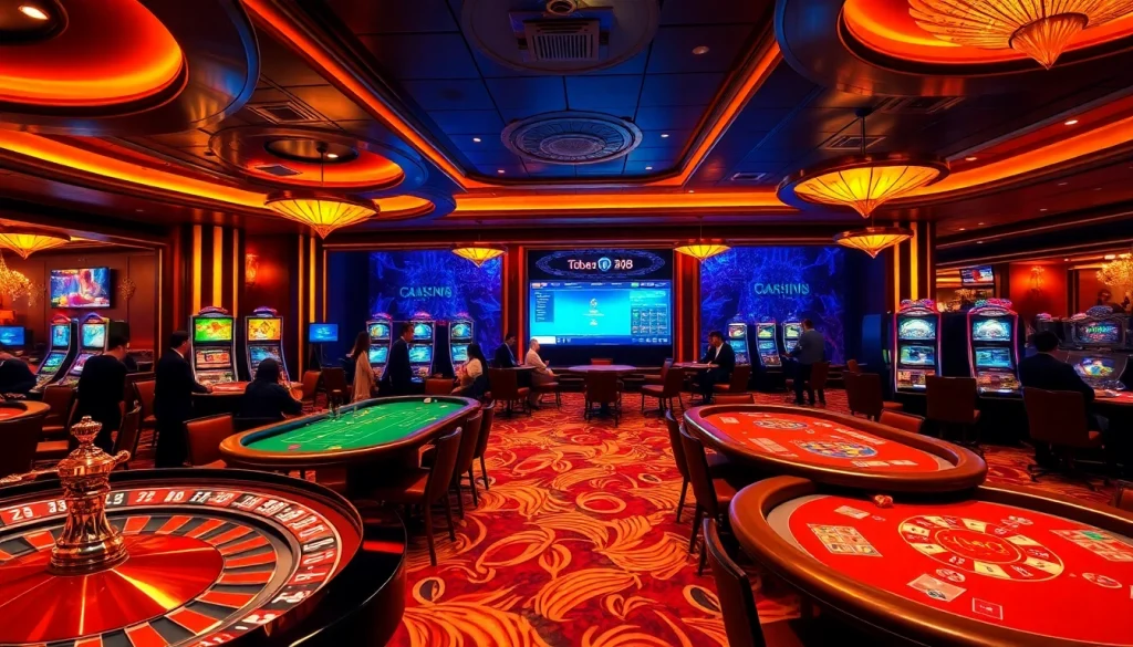 Gambling action at nhà cái tobet88, showcasing poker tables, roulette, and slot machines.