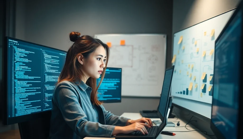 Software engineering professional analyzing code in a modern office environment.