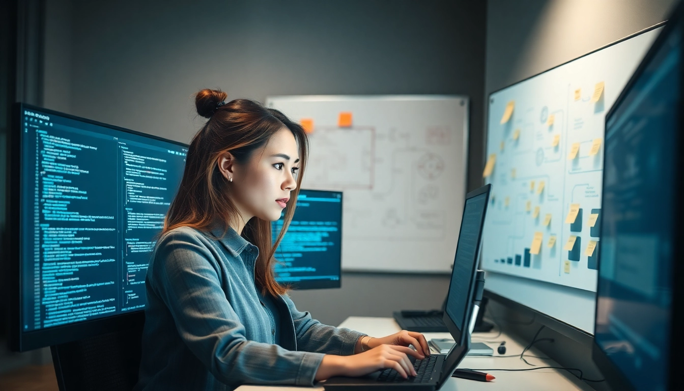 Software engineering professional analyzing code in a modern office environment.