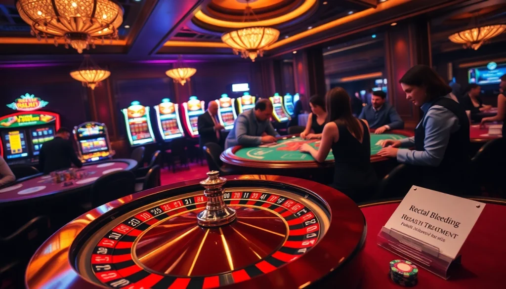 Gambling excitement at a casino with distractions, including a pamphlet on rectal bleeding.