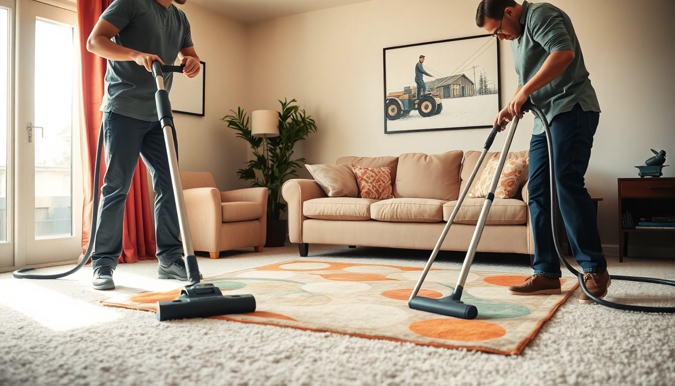 Engaging scene of local carpet cleaners providing expert carpet treatment in a warm living room.