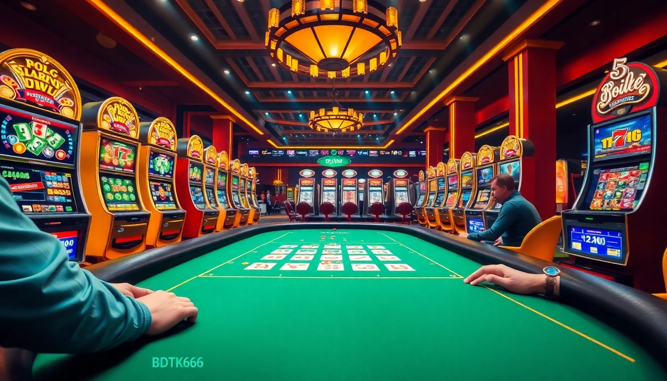 Experience the thrilling atmosphere of BDTK666 casino with intense poker action and vibrant slot machines.