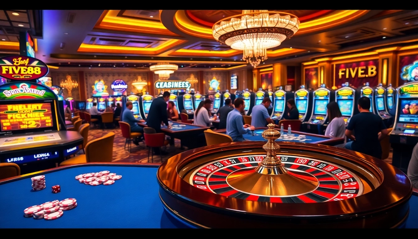 Players enjoying a thrilling experience at nhà cái FIVE88 with vibrant casino tables and slot machines.