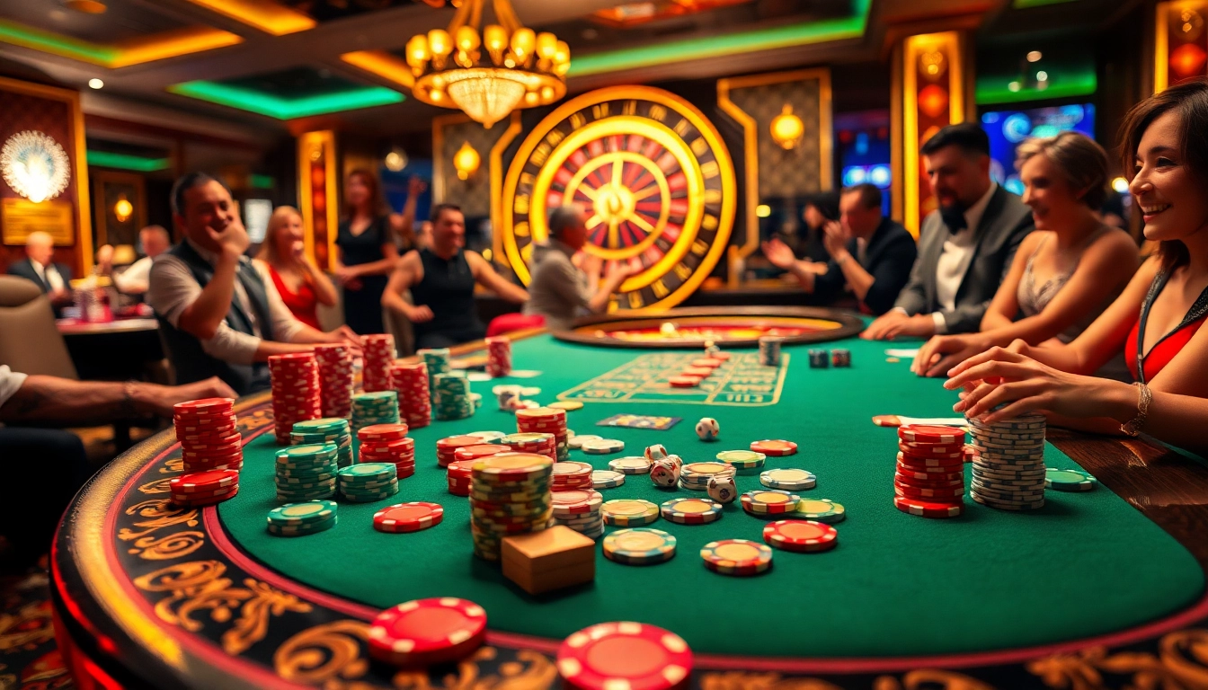 SODO casino scene with vibrant poker chips and joyful players at a luxurious table.