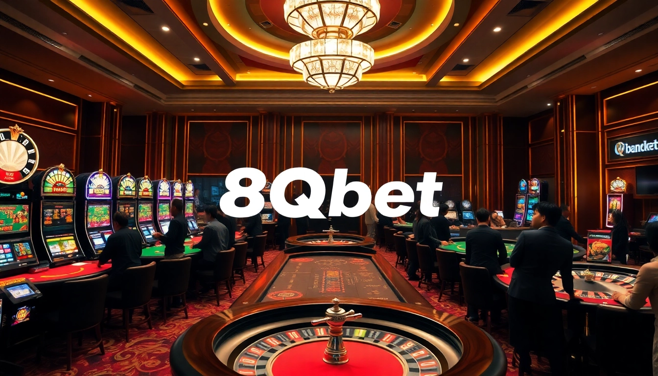Experience thrilling gameplay at 8qbet's luxurious casino, featuring vibrant tables and slot machines.