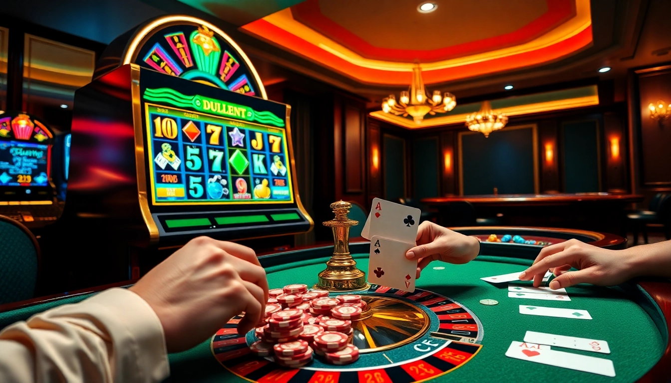 IDN slot machine surrounded by poker chips and roulette, showcasing an exciting casino atmosphere.