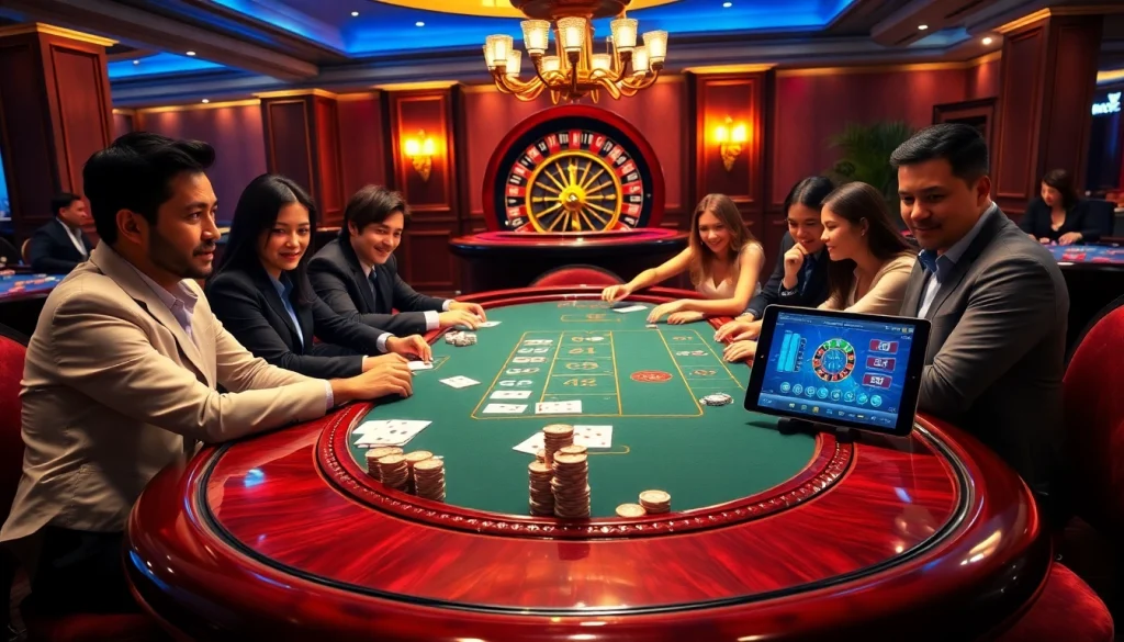 A thrilling casino scene showcasing poker and roulette, highlighting the excitement and luxury of 555win com.