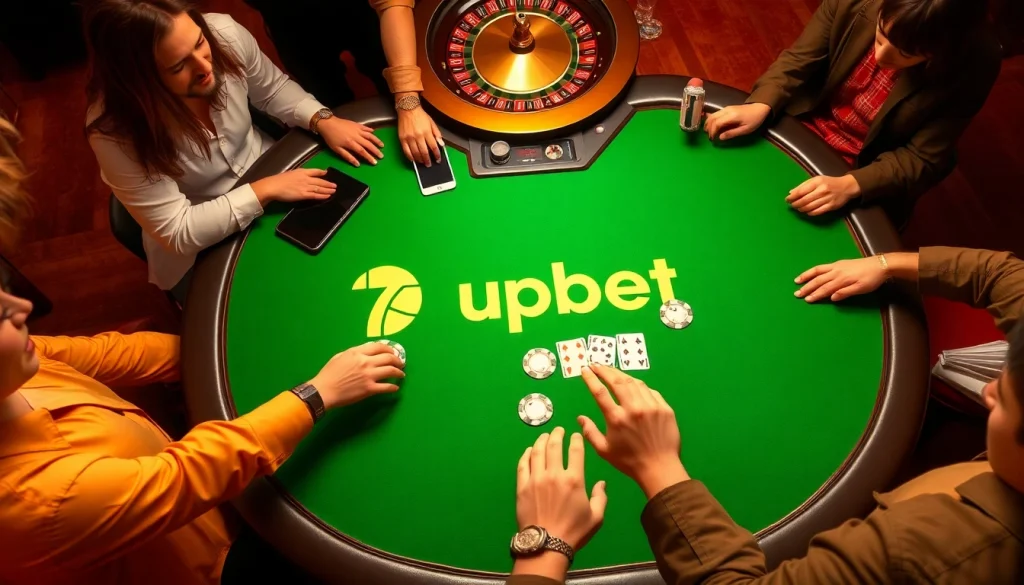 Experience the excitement of 7upbet with players at a poker table, vibrant chips, and a roulette wheel.