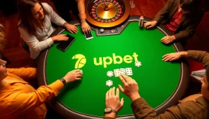 Experience the excitement of 7upbet with players at a poker table, vibrant chips, and a roulette wheel.
