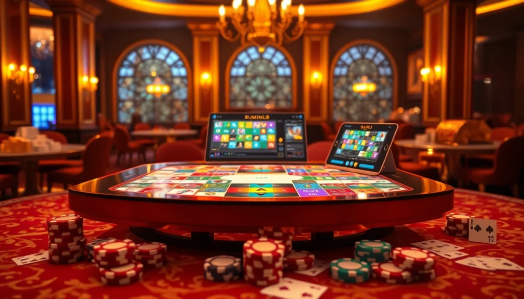 Engage in רמיקוב אונליין with a vibrant online gaming interface set in a luxurious casino backdrop.