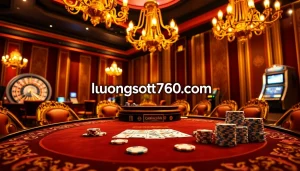 Experience thrilling gameplay at luongsontv60com with an opulent casino setting showcasing poker, roulette, and slot machines.