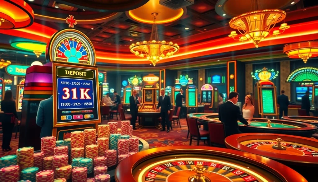 Engage with thrilling slots at a vibrant casino scene, highlighting slot deposit 1k opportunities.
