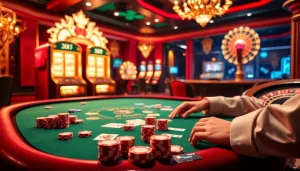 S8 casino players strategizing at a poker table, with vibrant slot machines and roulette wheels in the background.
