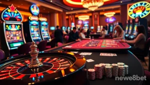 Engaging players experiencing new88bet with sophisticated casino tables and vibrant slot machines.