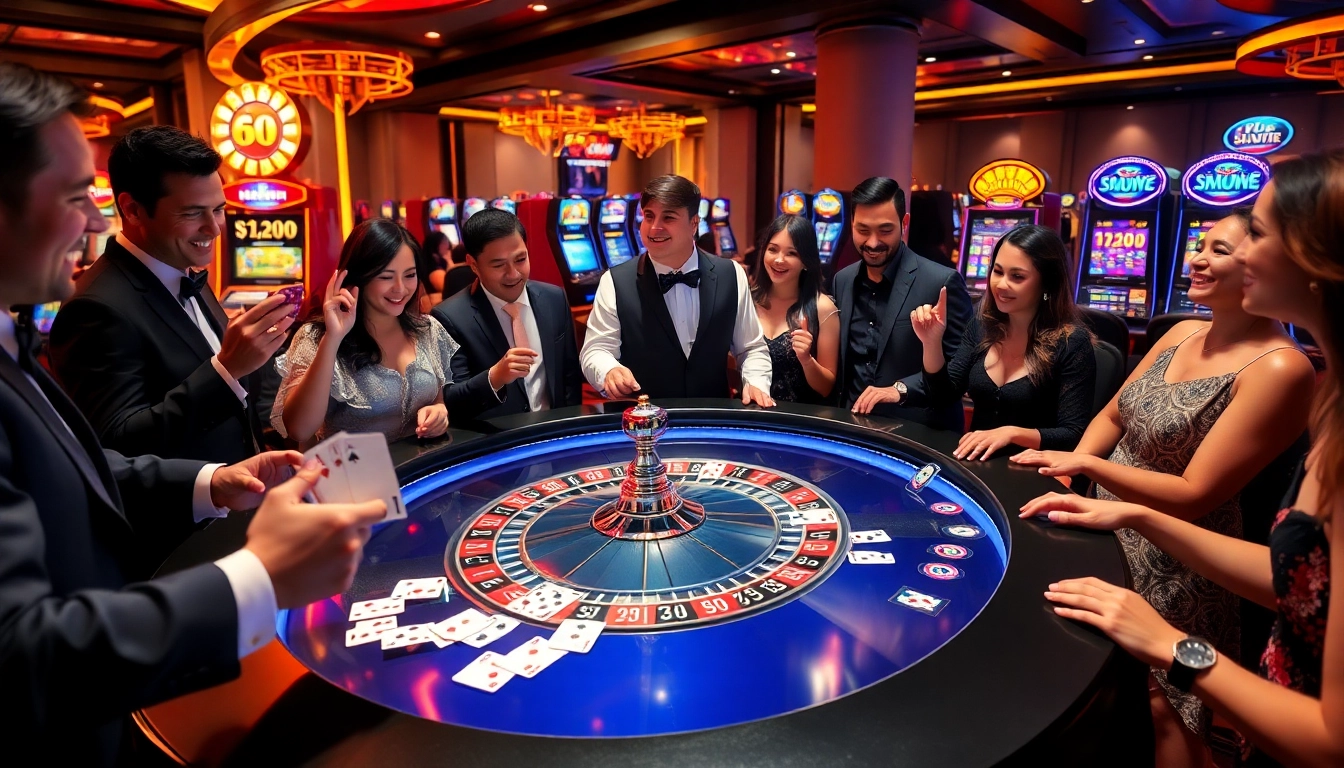 Experience the excitement of Nhà Cái 56WIN at a vibrant casino table with eager players enjoying their bets.