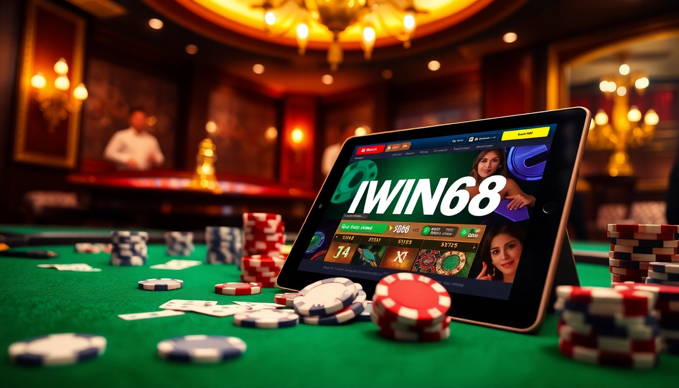 IWIN68 online gaming interface on a luxurious casino table with poker chips and cards.
