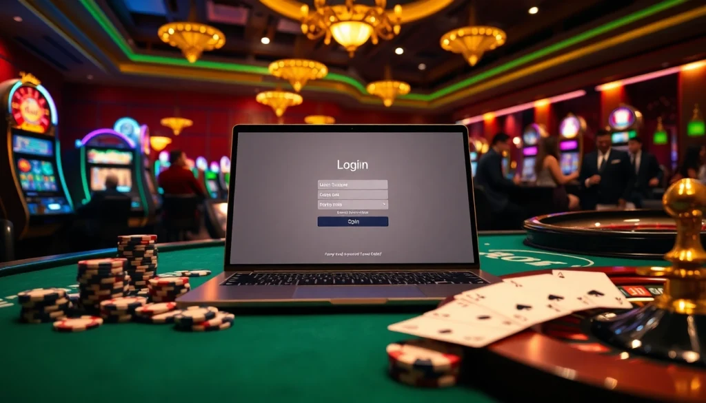 Engaging with a login interface in a luxury casino environment full of poker chips and playing cards.