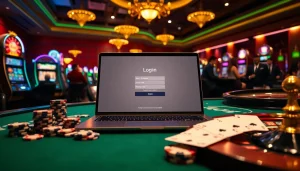 Engaging with a login interface in a luxury casino environment full of poker chips and playing cards.