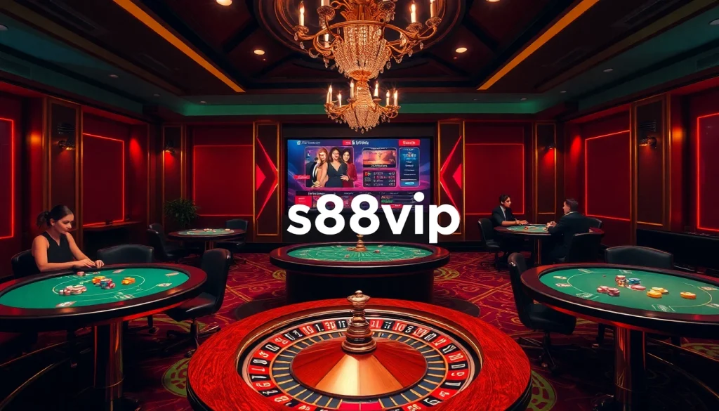 S88vip gaming experience highlighting poker chips, a roulette wheel, and excited players.