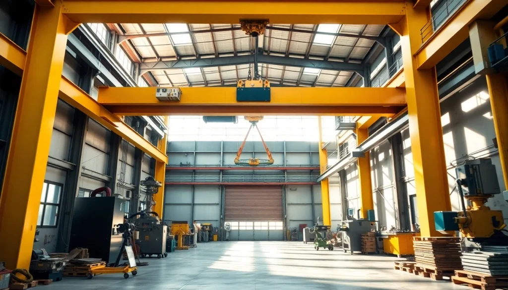 Bridge crane in action, lifting a heavy beam in a modern manufacturing facility.