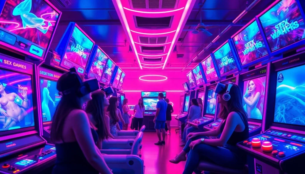 Explore AI-driven sex games ai in a vibrant, futuristic arcade setting with engaging characters.