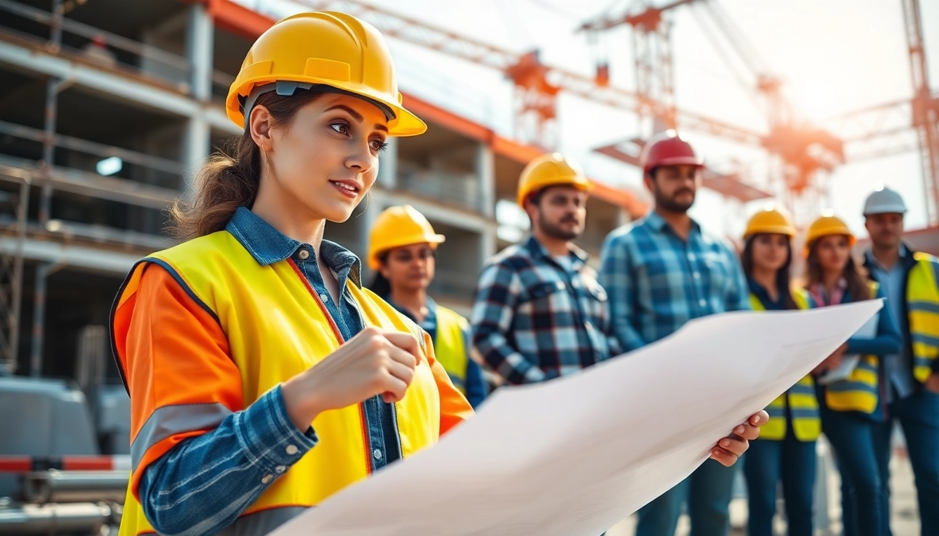 Showcasing a vibrant construction career, a team collaborates on-site with engineers and cranes.