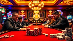 Professional players engaged at the poker table, showcasing the thrilling atmosphere of https://lc88.jpn.com/ online casino.