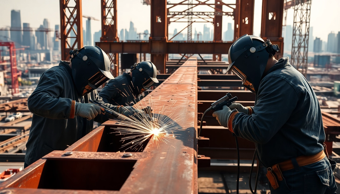 Workers performing structural steel welding on large beams in an industrial setting.