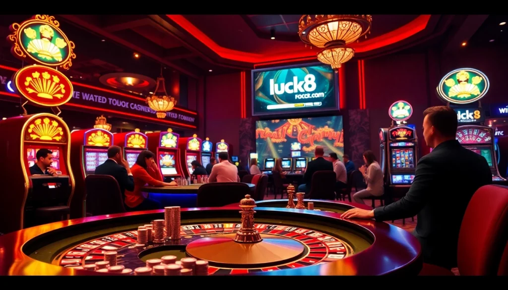 Người chơi đang thưởng thức các trò chơi với các cảnh sống động tại casino https://luck8.com, thể hiện sự phấn khích và sang trọng.