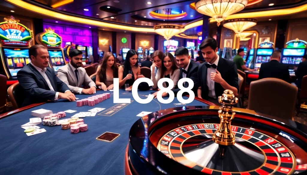 Dynamic casino scene showcasing LC88 gaming excitement with players at a roulette table.